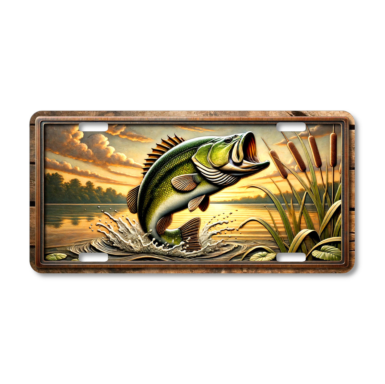 Fishing license plate featuring a largemouth bass leaping from freshwater with splashing water and sunset reflections, printed on aluminum.