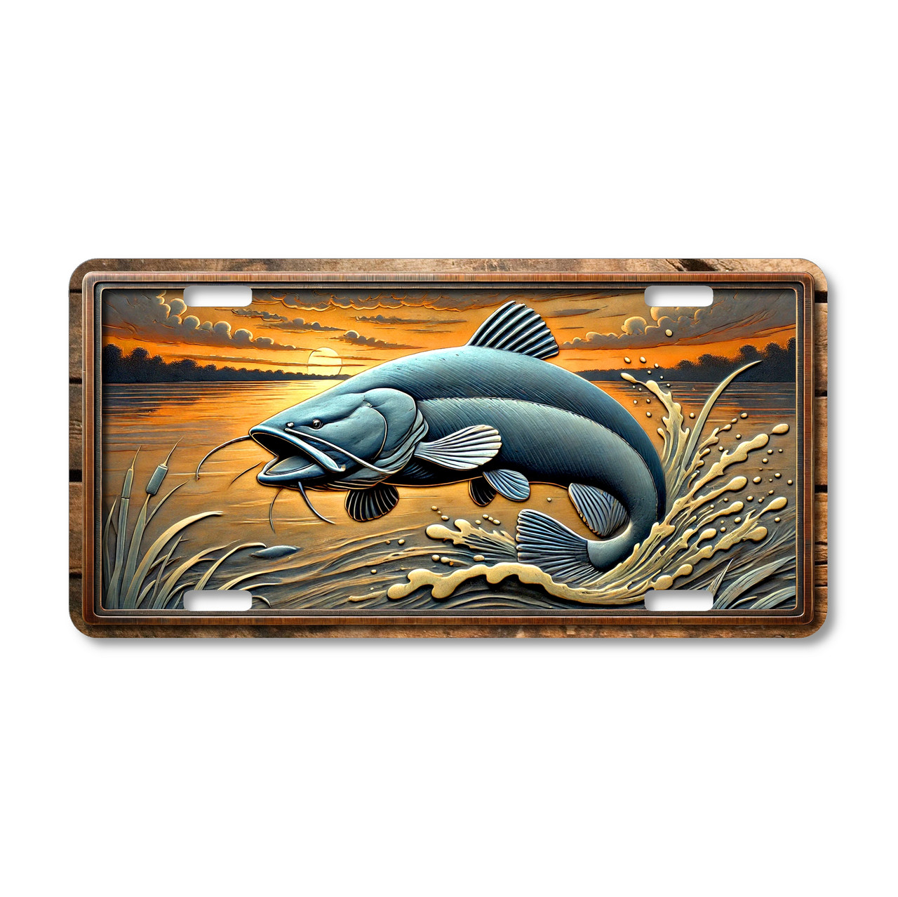 Fishing license plate featuring a channel catfish swimming through a river at sunset with splashing water, printed on aluminum in warm freshwater tones.