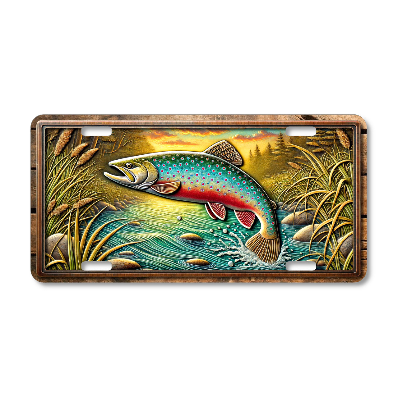 Fishing license plate featuring a brook trout leaping from a clear stream with grasses and stones, printed on aluminum in vibrant freshwater colors.