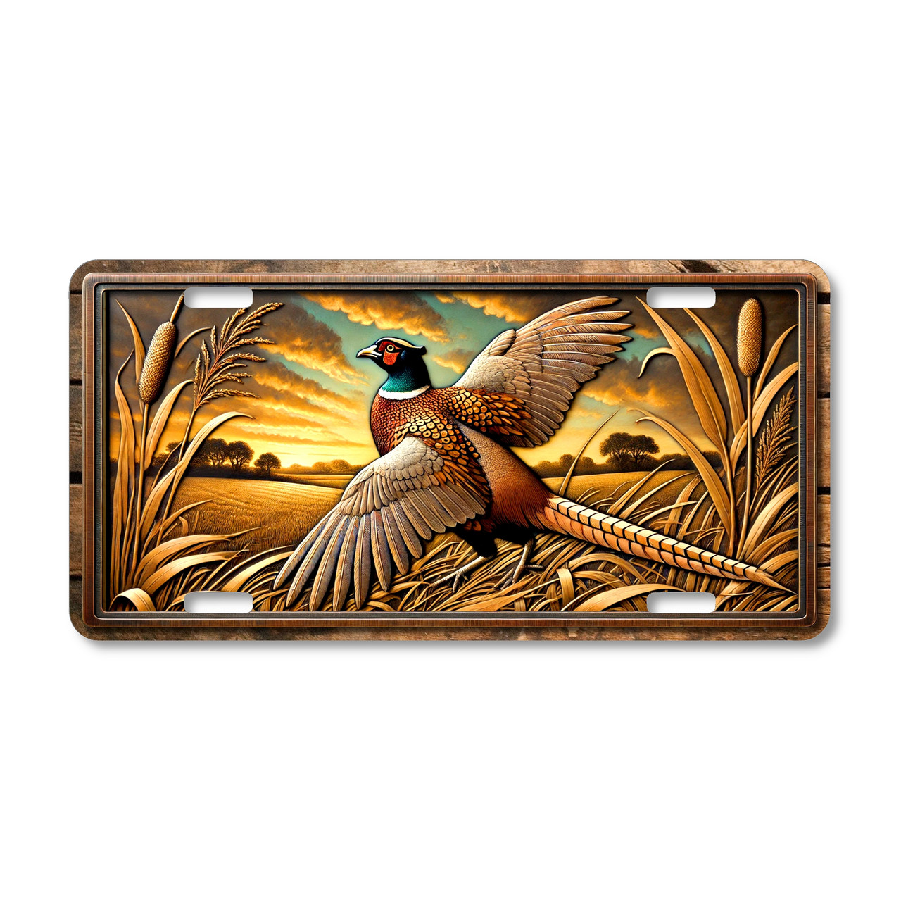 Wildlife license plate featuring a pheasant standing in a field at sunset with wings extended, printed on aluminum with warm countryside artwork.