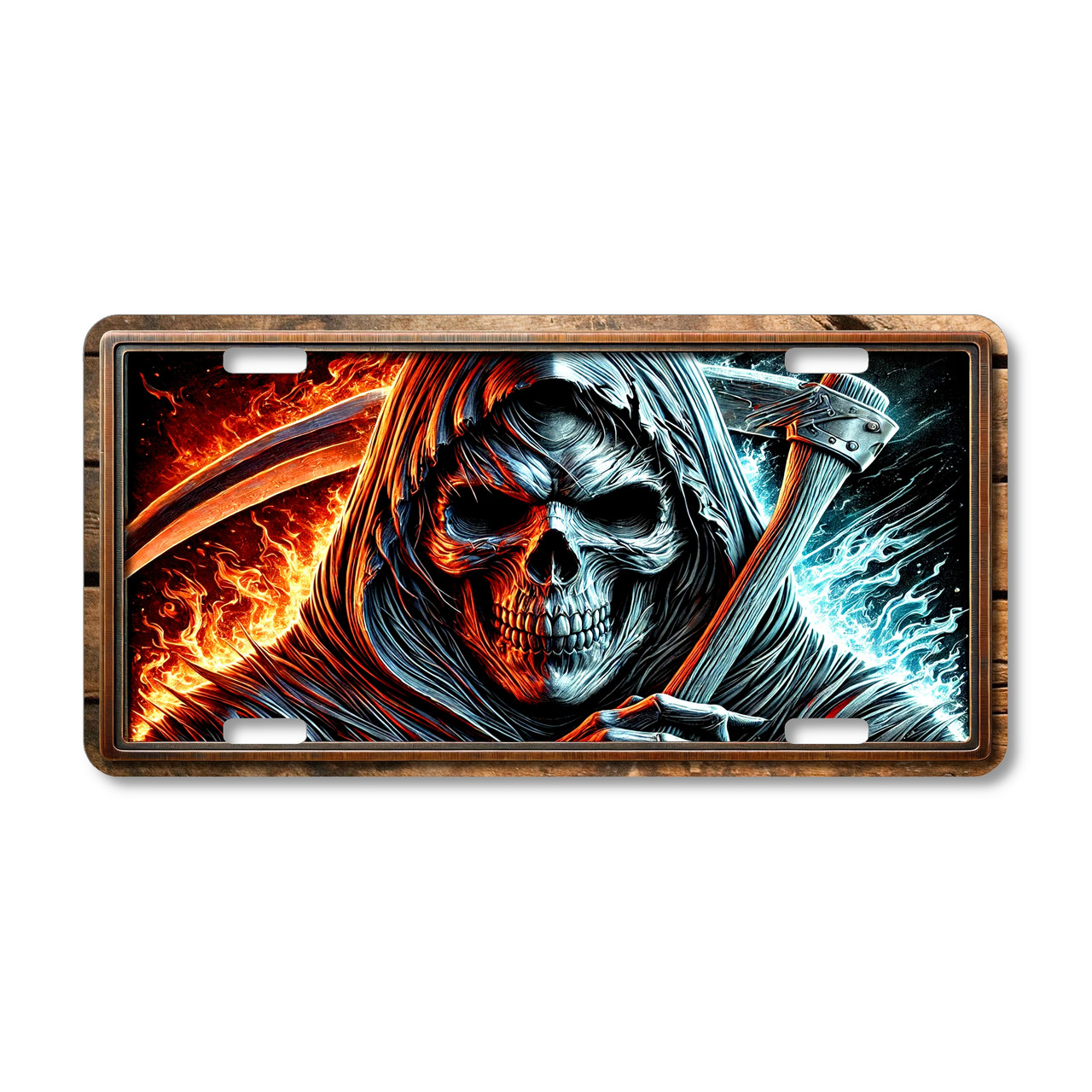 Grim reaper skull license plate featuring fire and ice background, dark fantasy skeletal artwork, and detailed hooded reaper printed on aluminum license plate.