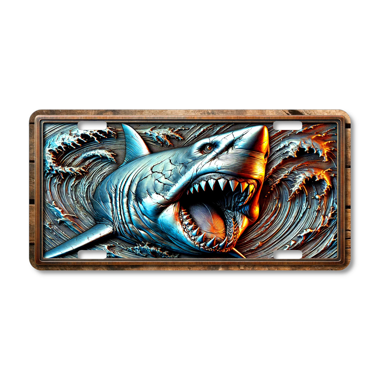 Great white shark license plate featuring aggressive ocean predator artwork with crashing waves and detailed marine wildlife printed on aluminum license plate.