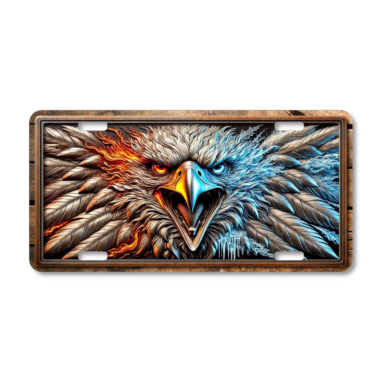 Fire and ice eagle license plate featuring aggressive bird of prey artwork with detailed feathers and glowing eye effect printed on aluminum license plate.
