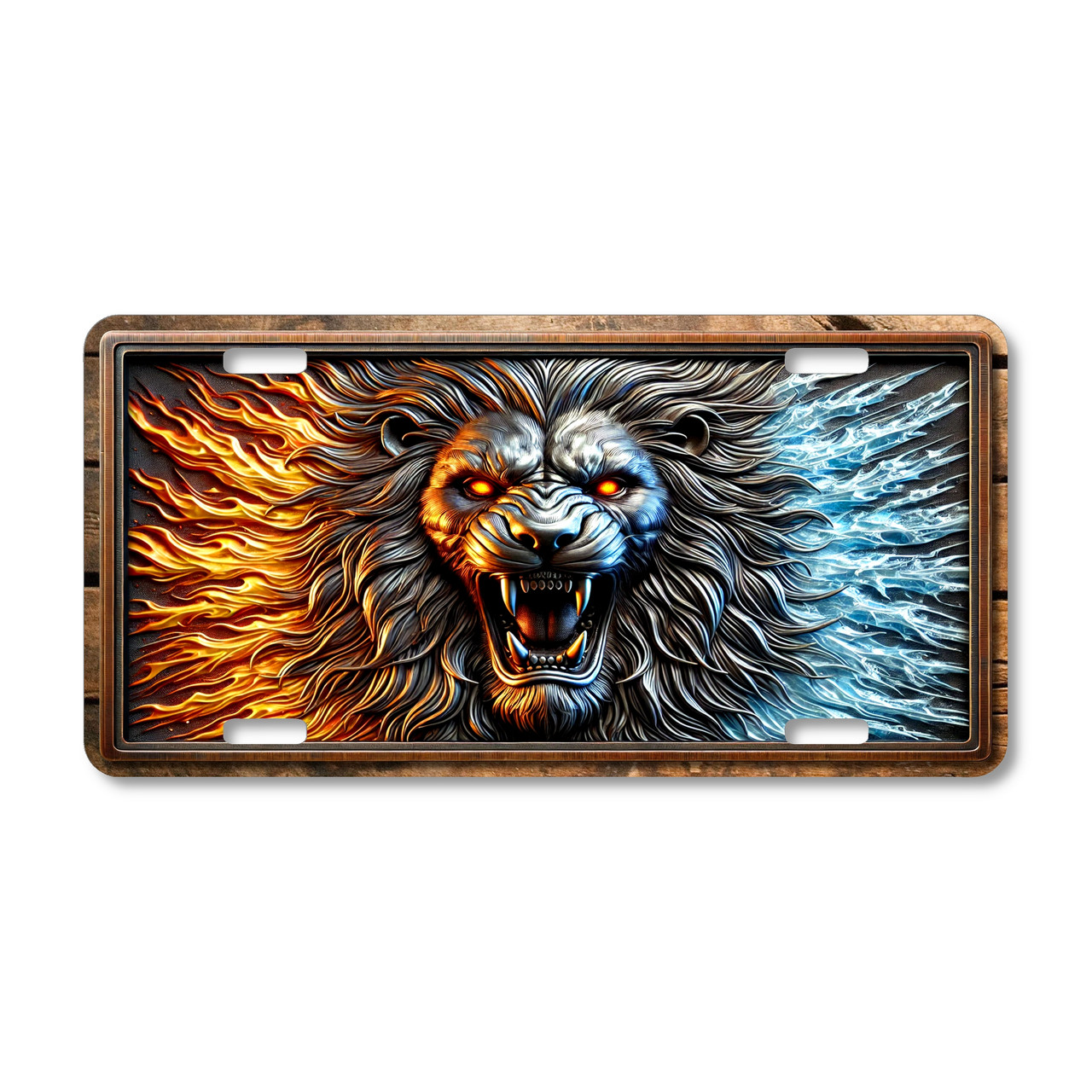 Lion license plate featuring fire and ice split roaring lion predator artwork with detailed mane and fangs printed on aluminum license plate.