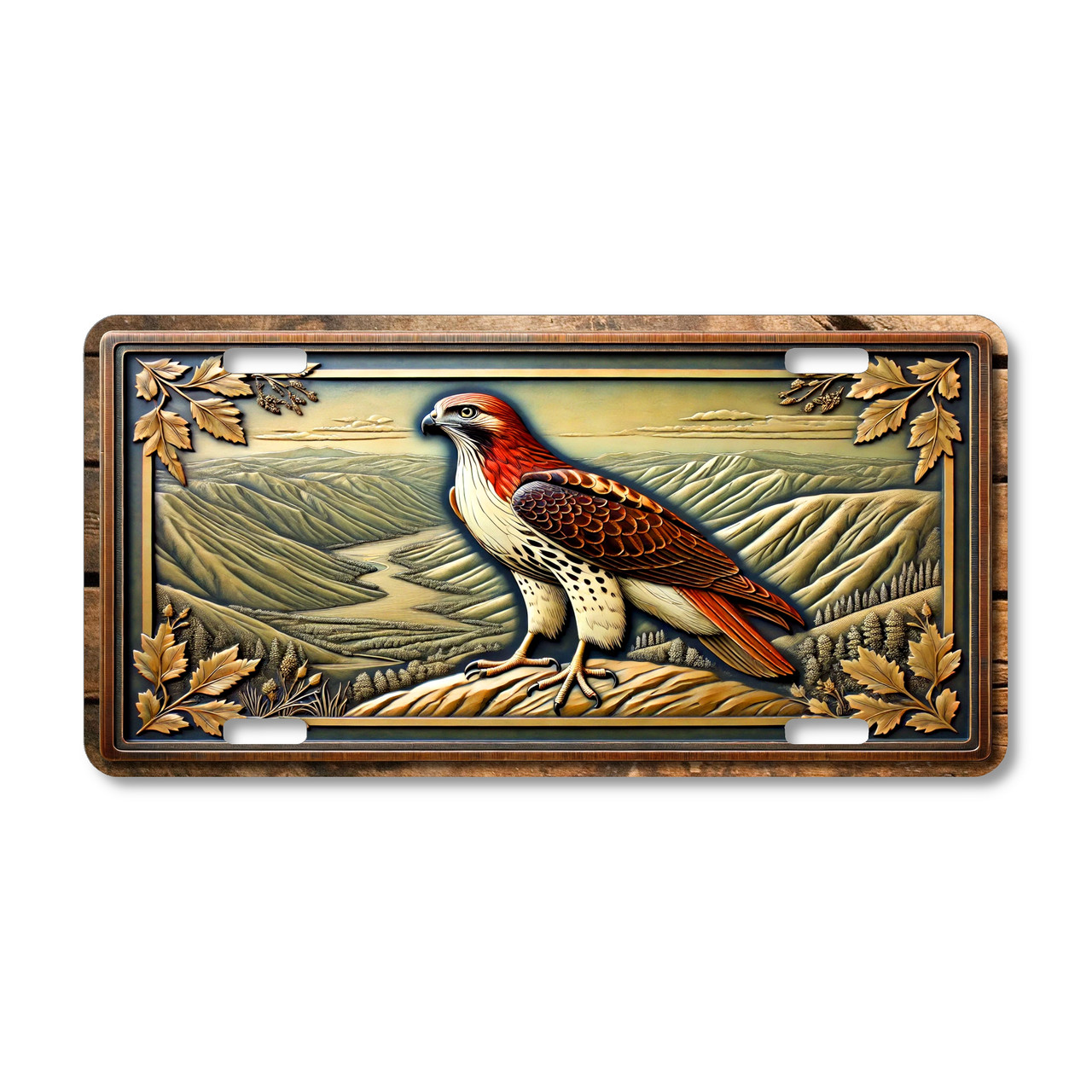 Red tailed hawk perched above mountain valley landscape with woodland leaves on aluminum license plate with wildlife raptor theme.