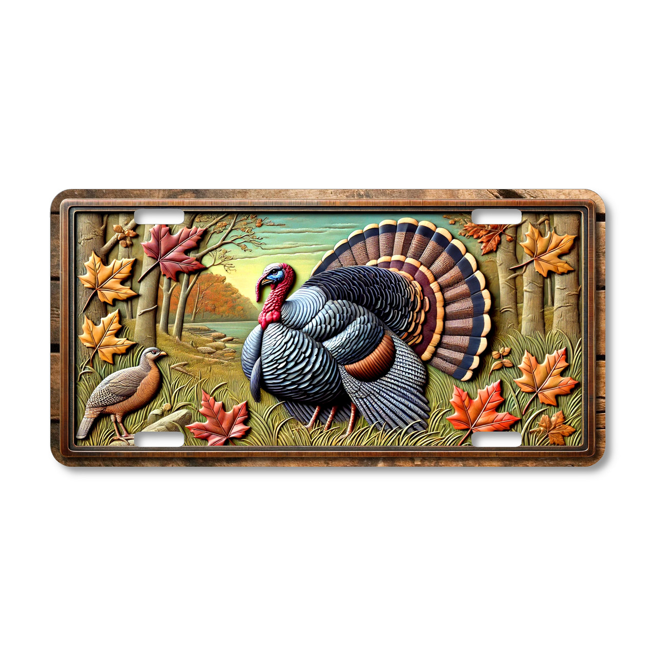 Wild turkey displaying feather fan in woodland autumn forest scene on aluminum license plate with hunting wildlife theme.