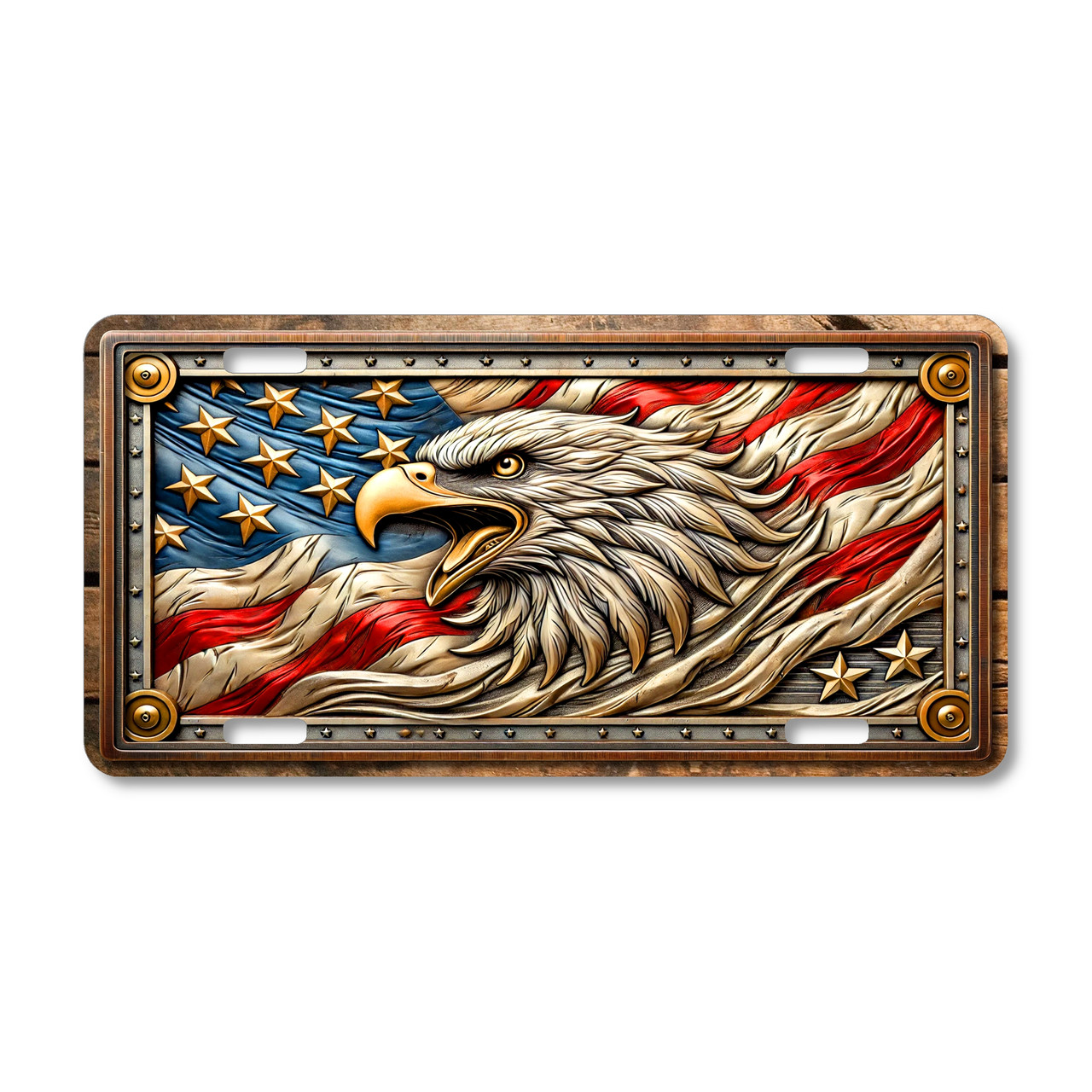 American bald eagle head over flowing American flag with stars on aluminum license plate with patriotic USA theme.