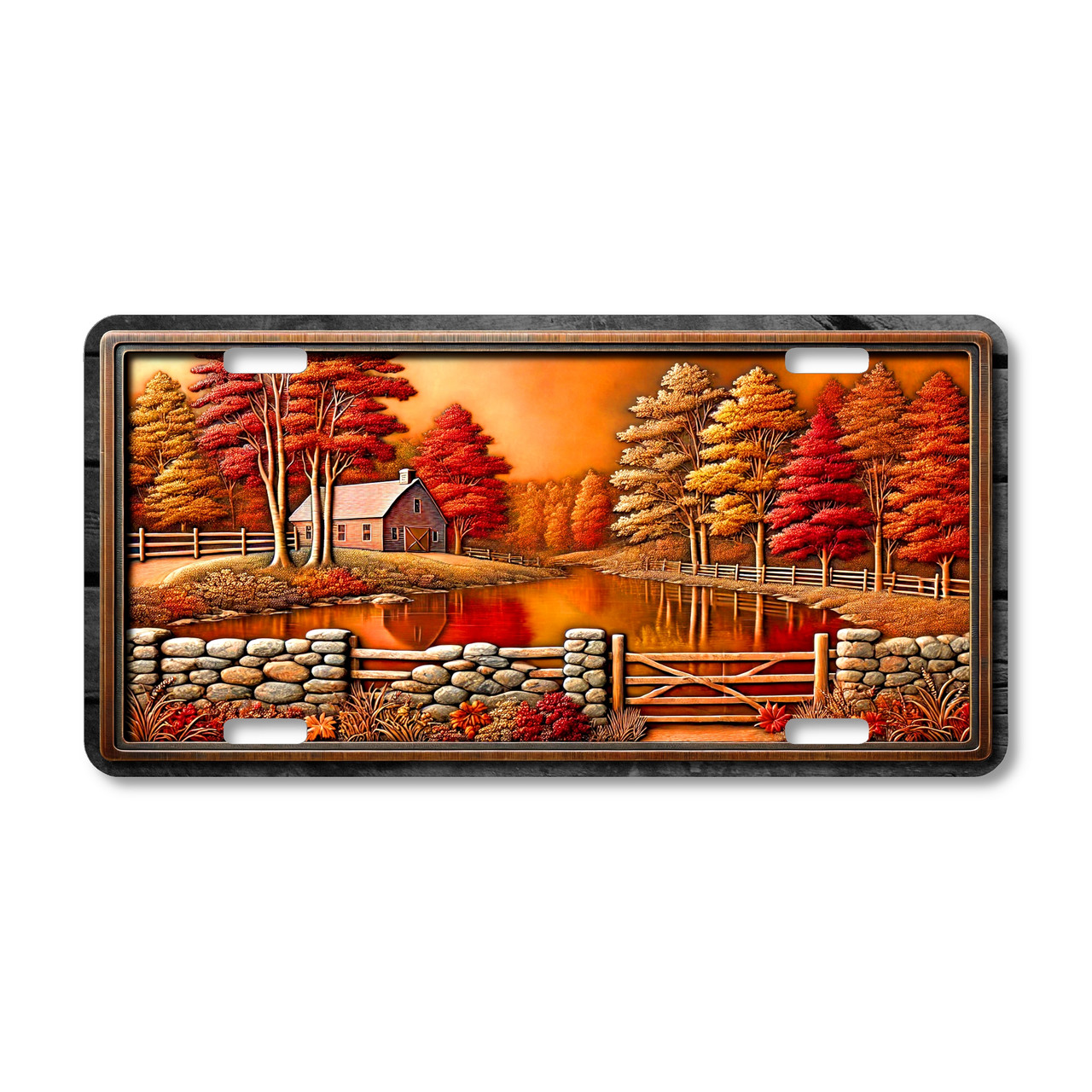 New England autumn farm aluminum license plate featuring fall foliage trees, stone wall fence, and countryside pond landscape artwork.