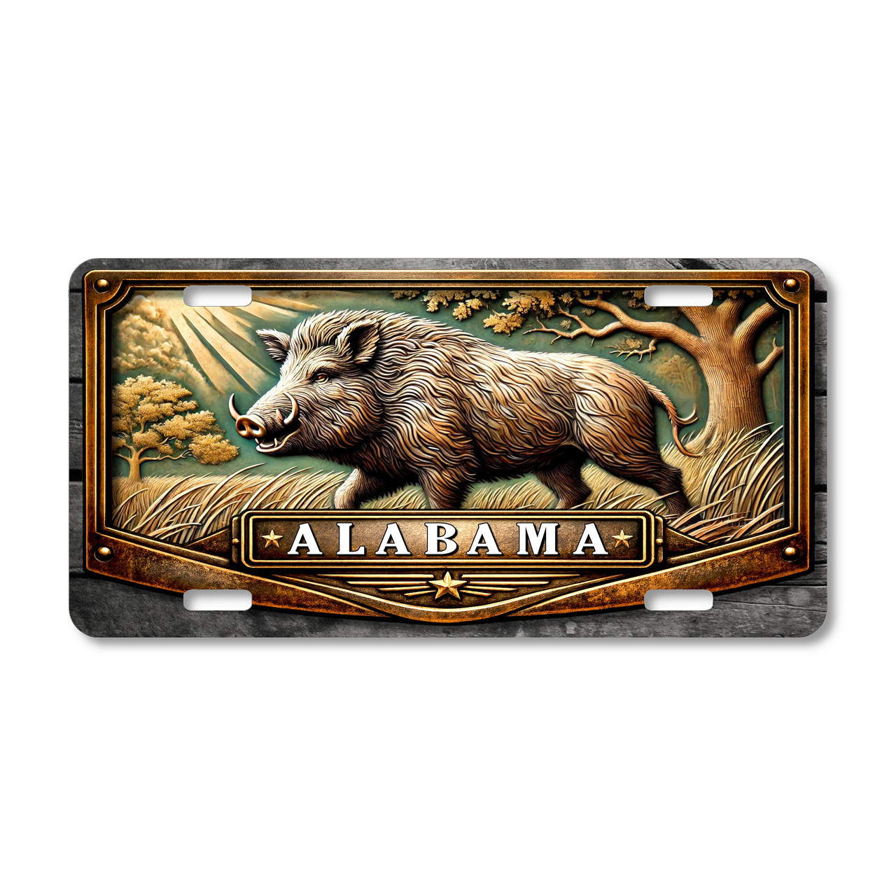 Alabama wild boar forest wildlife license plate featuring detailed hog artwork with Southern woodland trees and sunbeam background on aluminum plate.