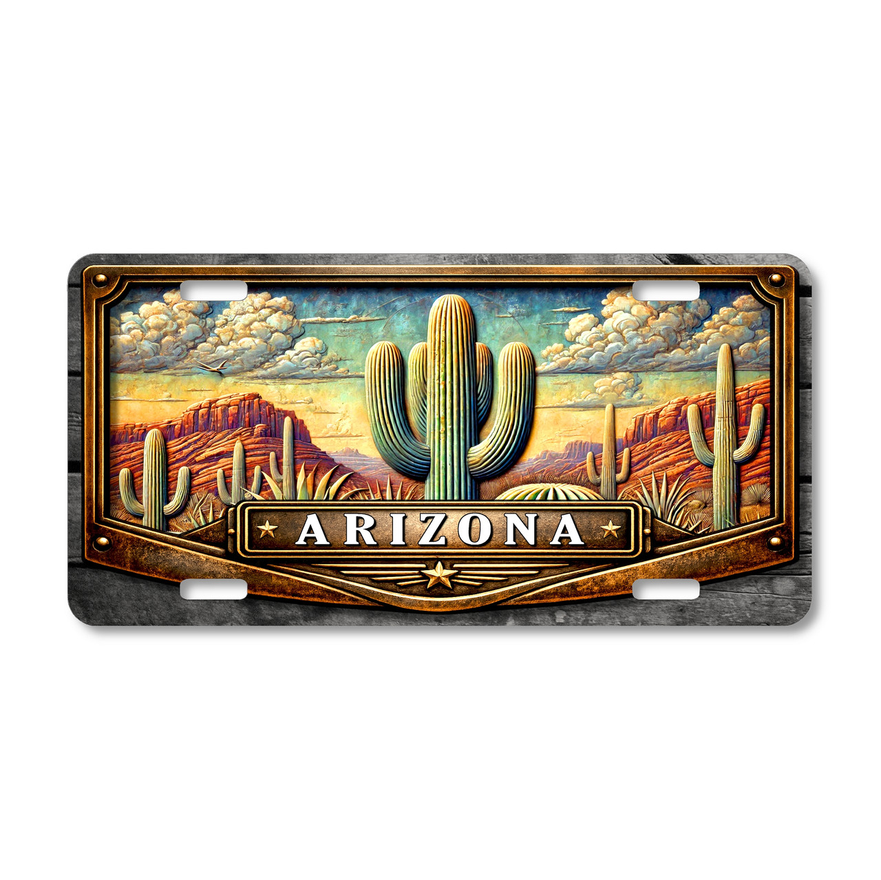 Arizona saguaro cactus desert landscape license plate featuring Southwest desert scene with red rock formations, desert plants, and dramatic sky artwork on aluminum plate.