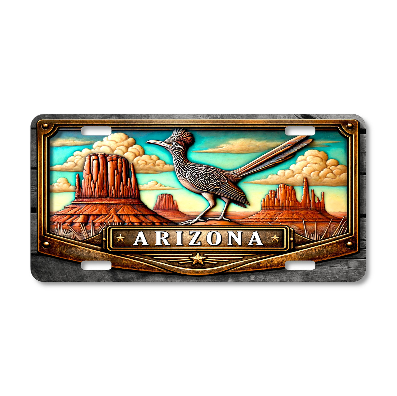 Arizona roadrunner desert butte landscape license plate featuring detailed roadrunner bird artwork with red rock desert formations and Southwest sky background on aluminum plate.