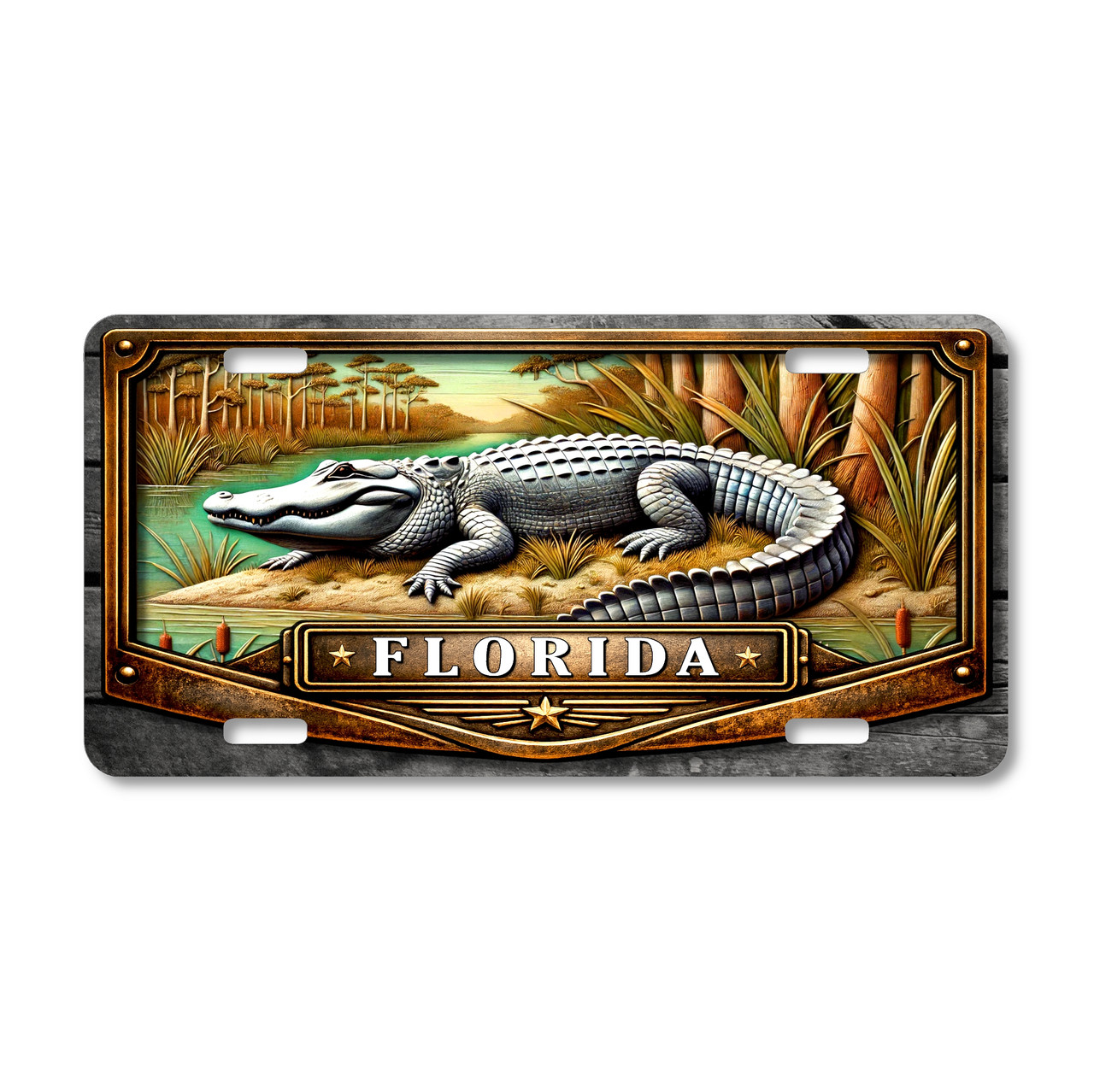 Florida alligator Everglades marsh license plate featuring detailed gator artwork resting beside swamp water with cypress trees and wetland grasses on aluminum plate.