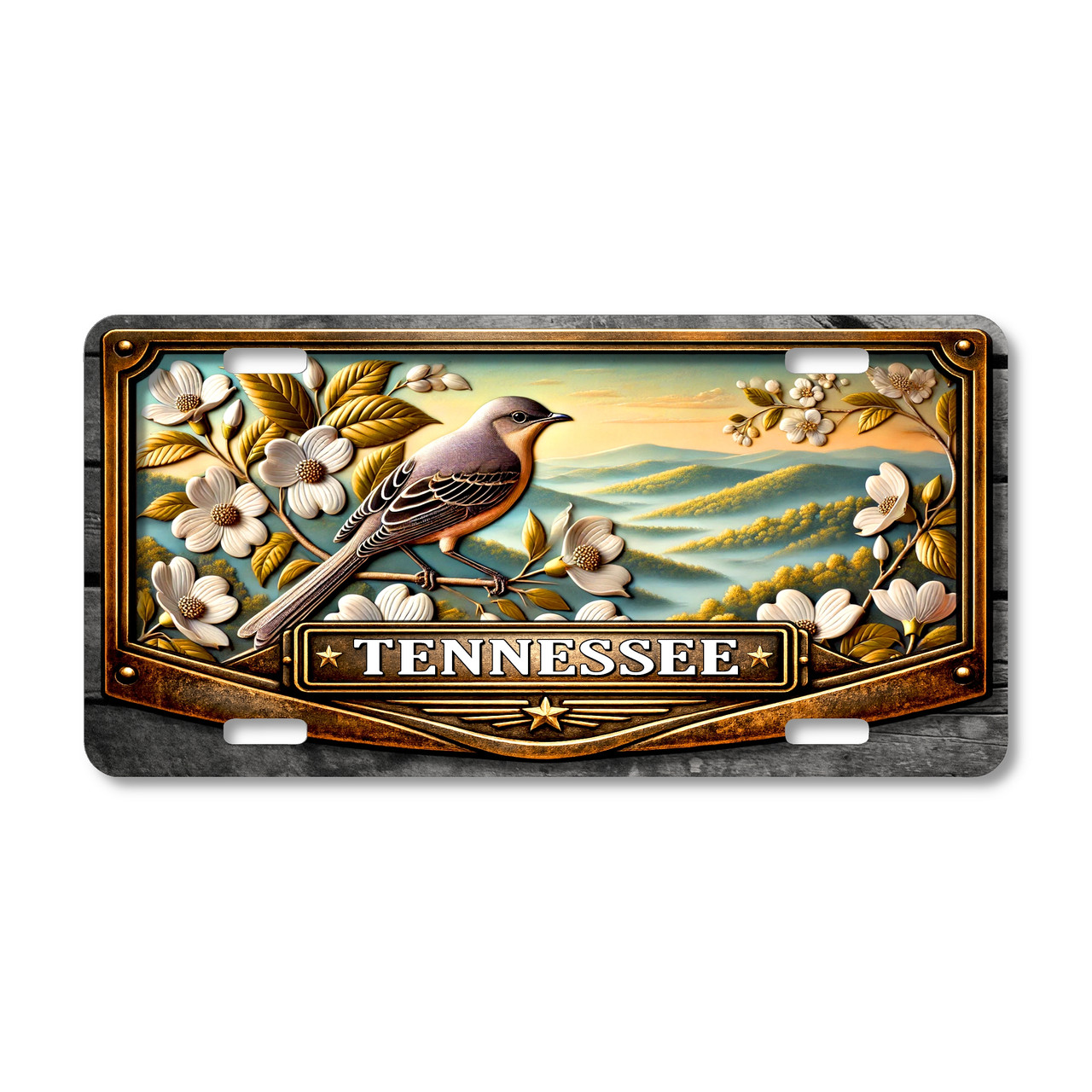 Tennessee mockingbird license plate featuring mockingbird perched among white dogwood flowers with Smoky Mountain landscape background.