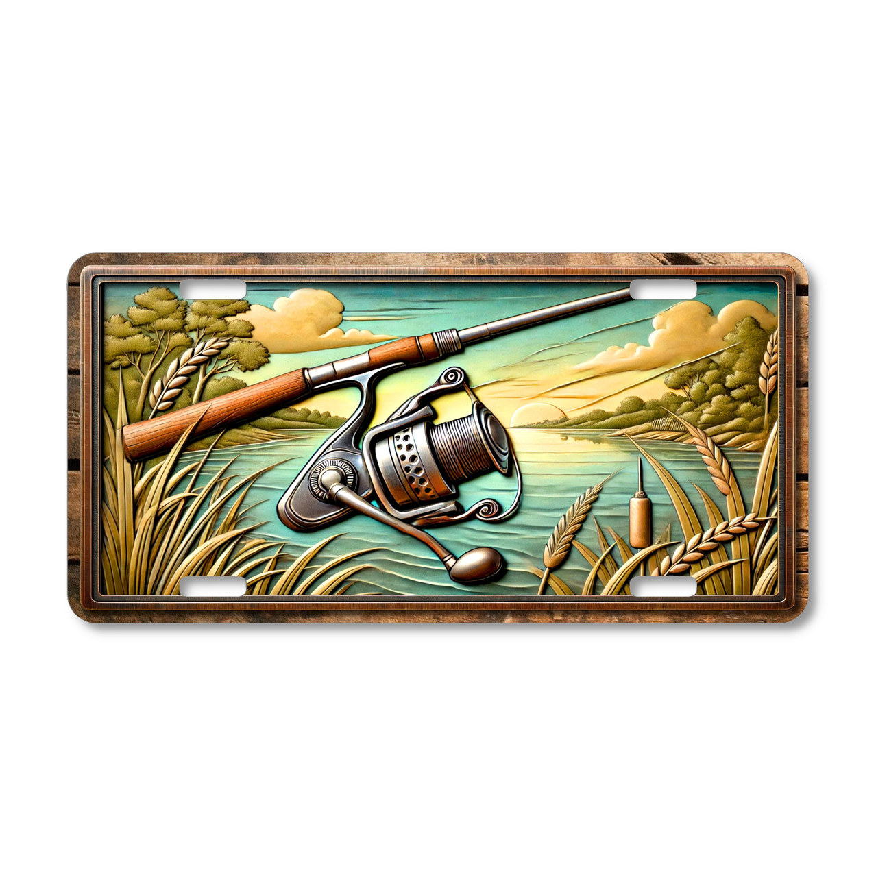 Fishing rod and spinning reel aluminum license plate featuring a lake sunset scene with tall grass and rustic outdoor artwork.