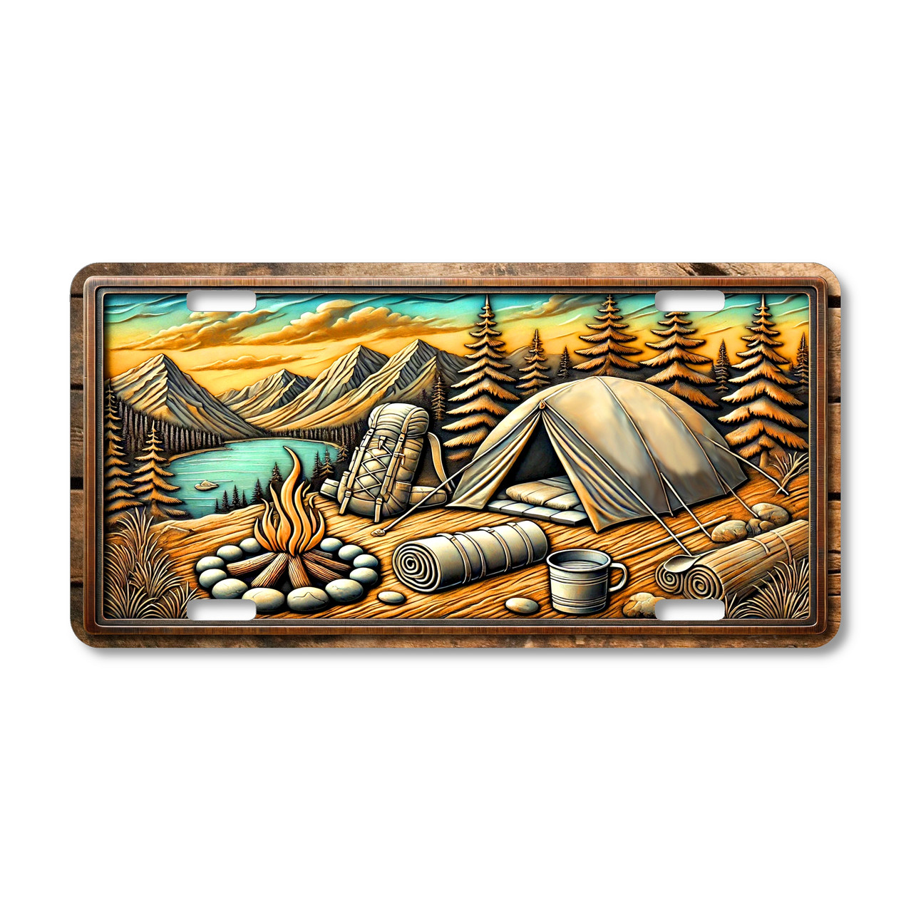 Mountain camping aluminum license plate featuring a tent, campfire, backpack, alpine lake, and pine trees at sunset in detailed outdoor artwork.