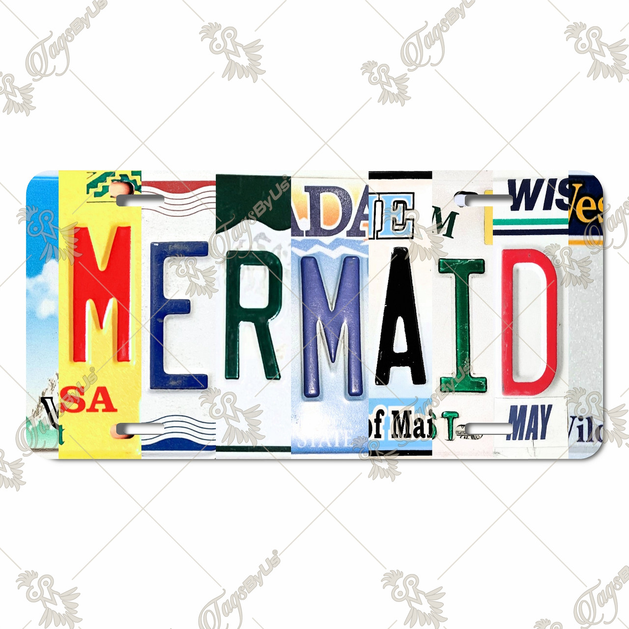 MERMAID license plate featuring colorful letter art design in rustic embossed-look artwork on aluminum. MERMAID license plate featuring colorful letter art design in rustic embossed-look artwork on aluminum.