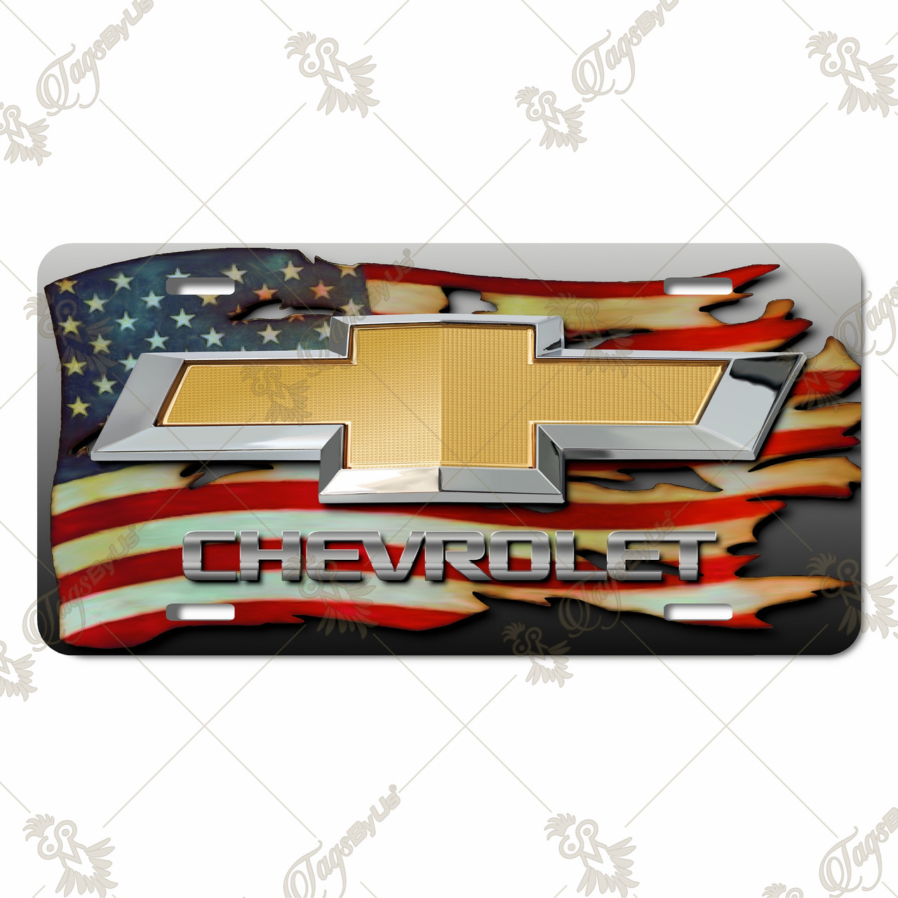 Chevy Emblem Car Tag - Chevy Emblem License Plate - American Flag Background