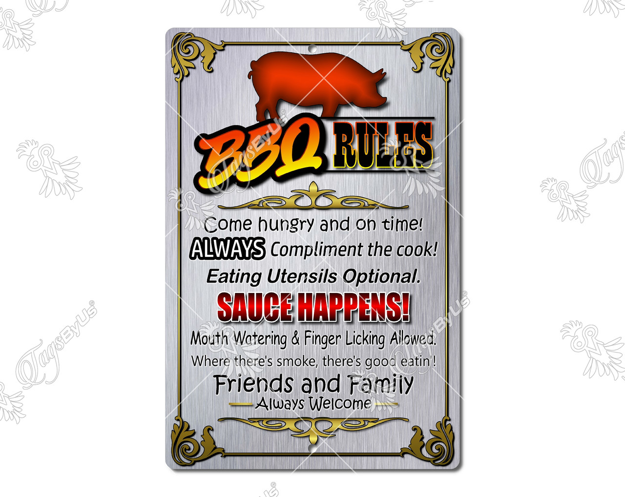 BBQ Rules Metal Sign on Brush Aluminum Background