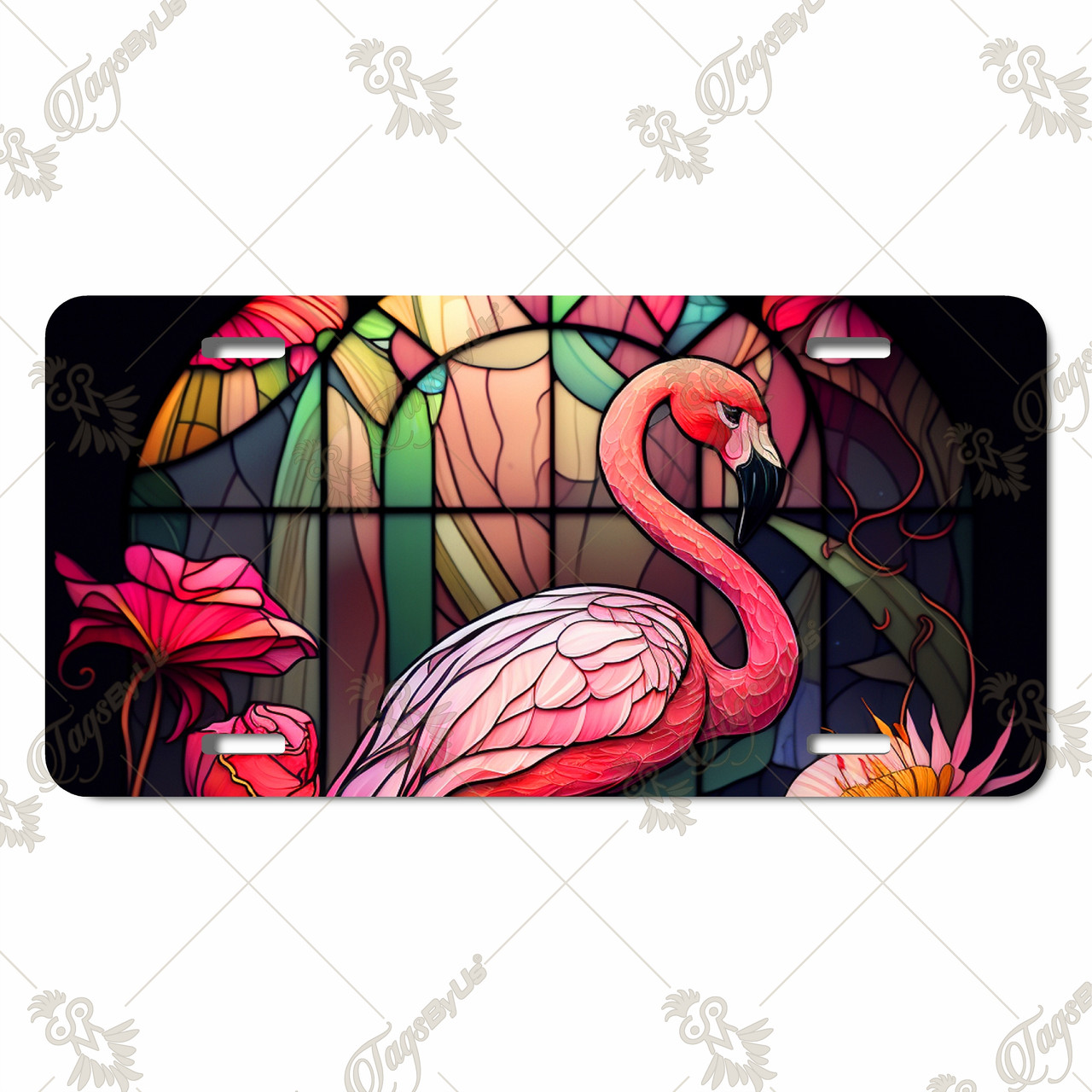 Flamingo on stained Glass license plate - Flamingo car tag