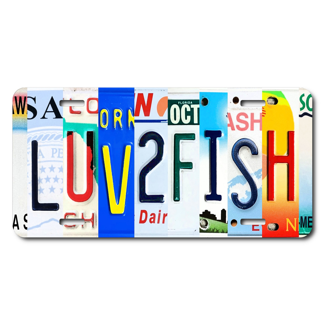 LUV 2 FISH license plate featuring colorful letter art design in rustic embossed-look artwork on aluminum.
