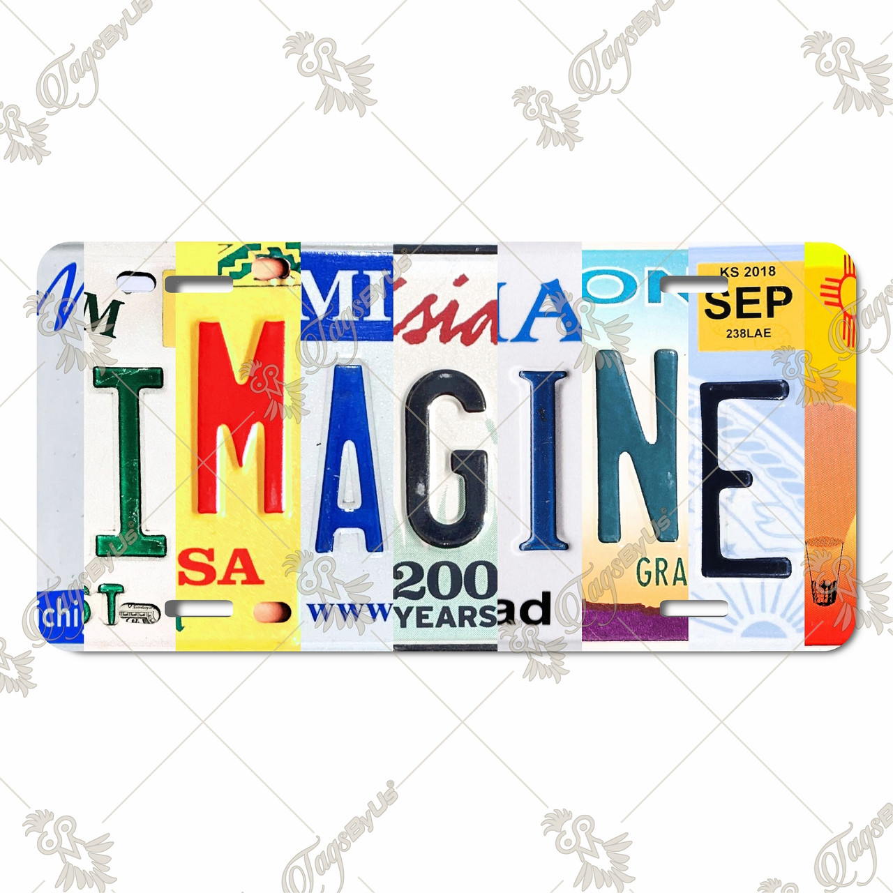 IMAGINE license plate featuring colorful collage of letters in rustic embossed-look artwork on aluminum.