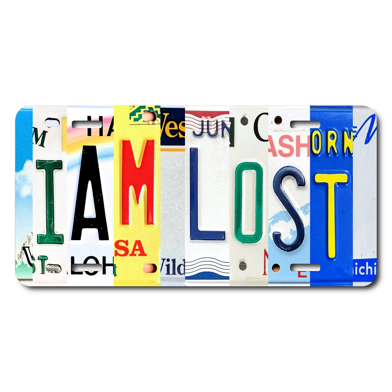 I Am Lost license plate featuring rustic letter collage art design in multicolor tones on aluminum.