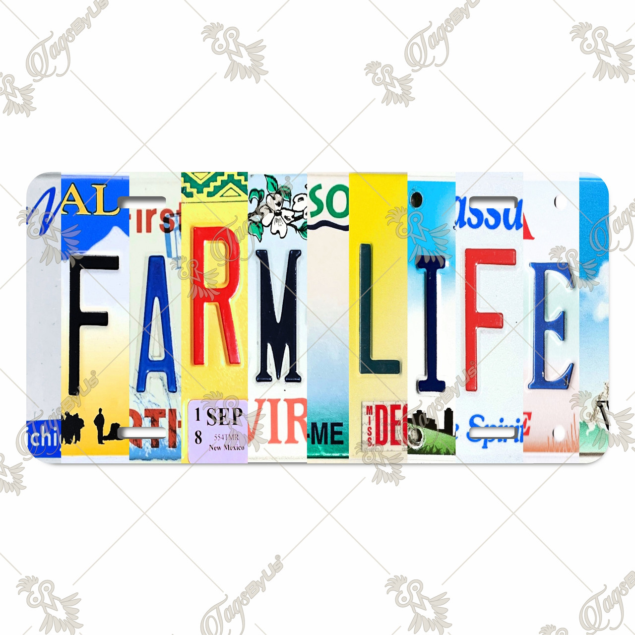 FARM LIFE license plate featuring rustic letter collage art design with multicolor textures on aluminum.