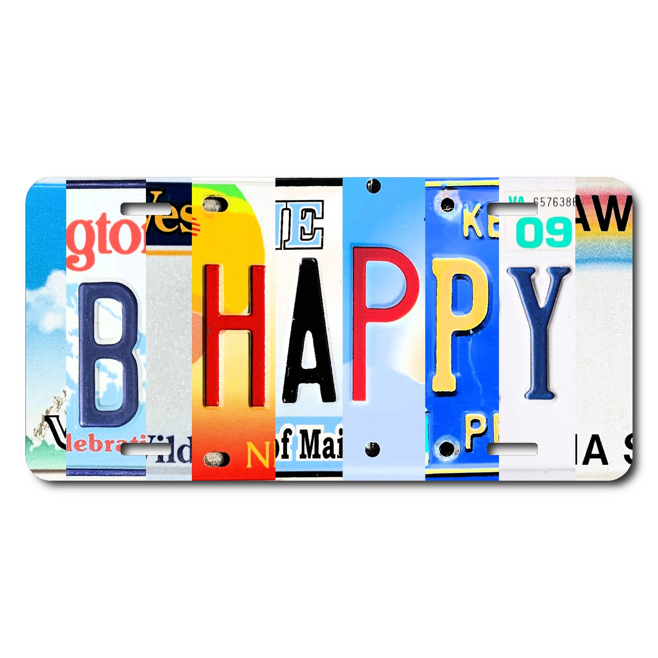 B HAPPY license plate featuring rustic letter collage art design in multicolor tones on aluminum.