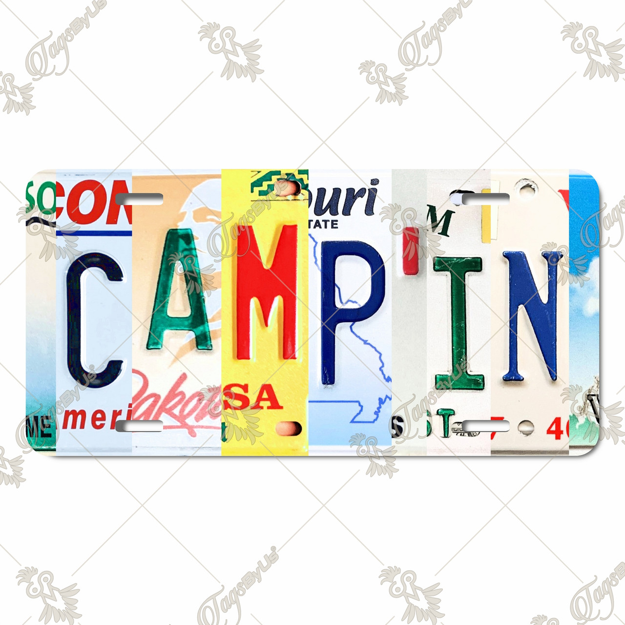 CAMPIN license plate featuring rustic letter collage art design in bold multicolor tones on aluminum.