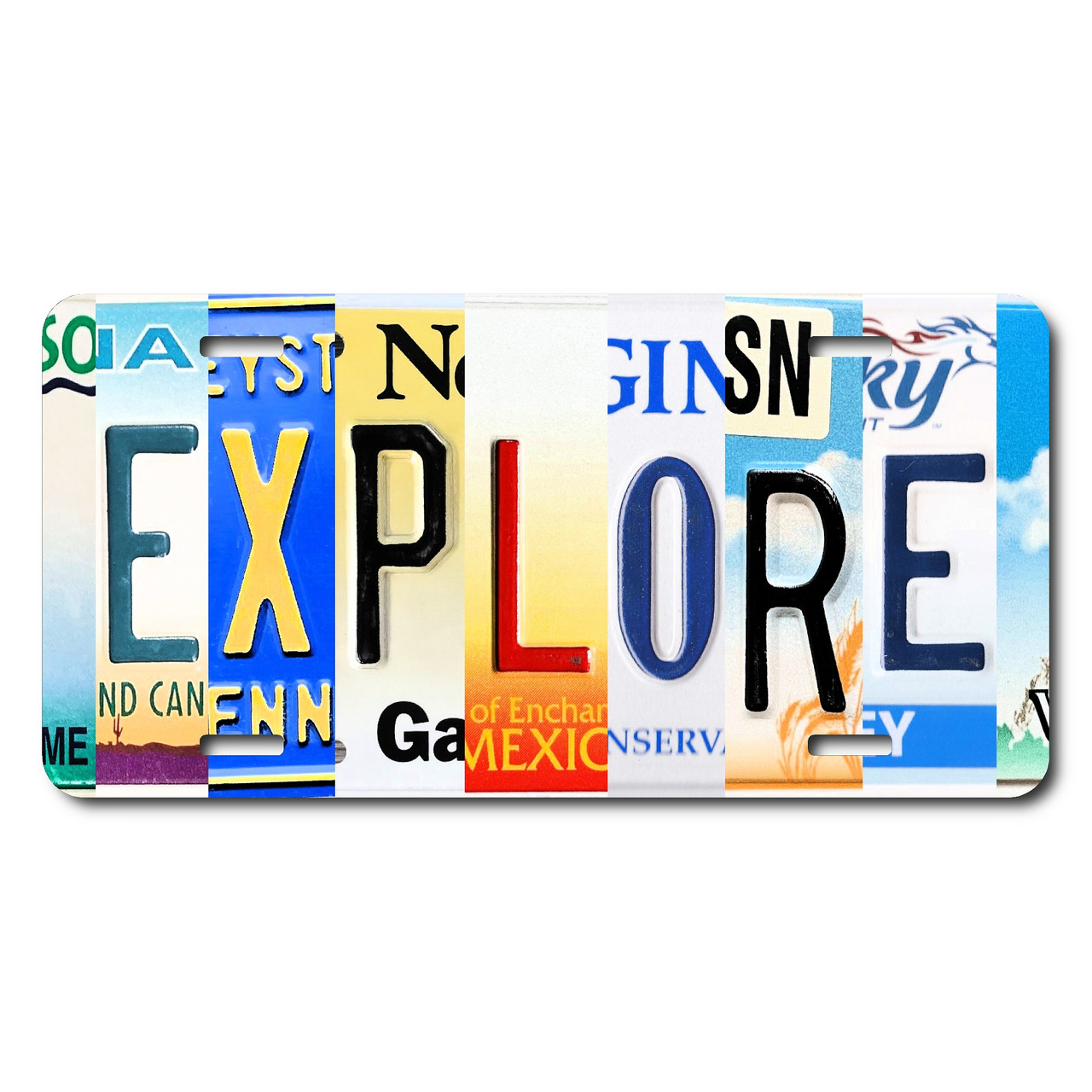 EXPLORE license plate featuring rustic letter collage art design in multicolor tones on aluminum.