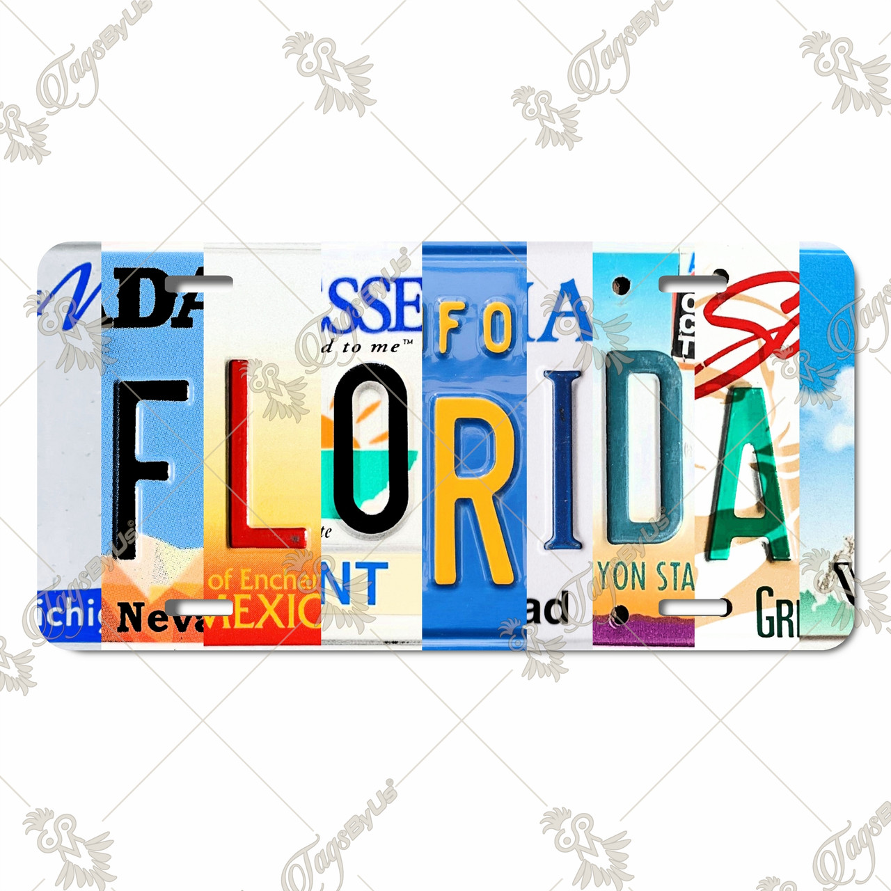 FLORIDA license plate featuring rustic letter collage art design in bold multicolor tones on aluminum.