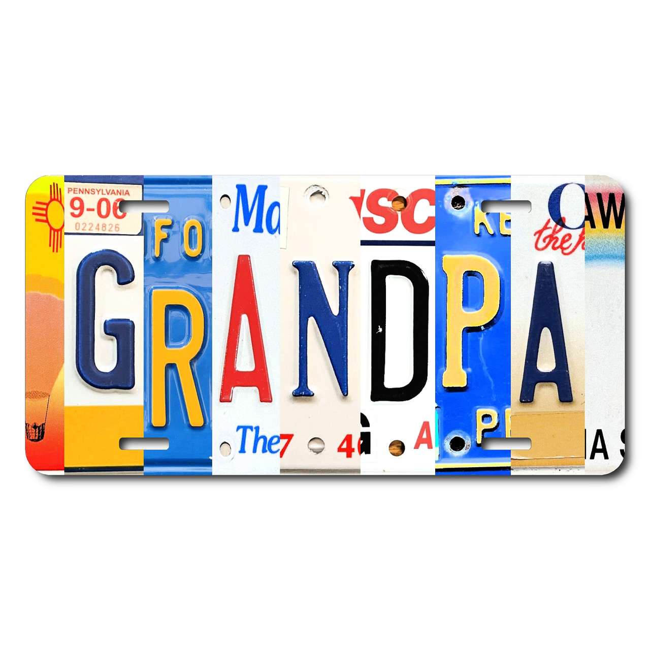 GRANDPA license plate featuring rustic letter collage art design in bold multicolor tones on aluminum.