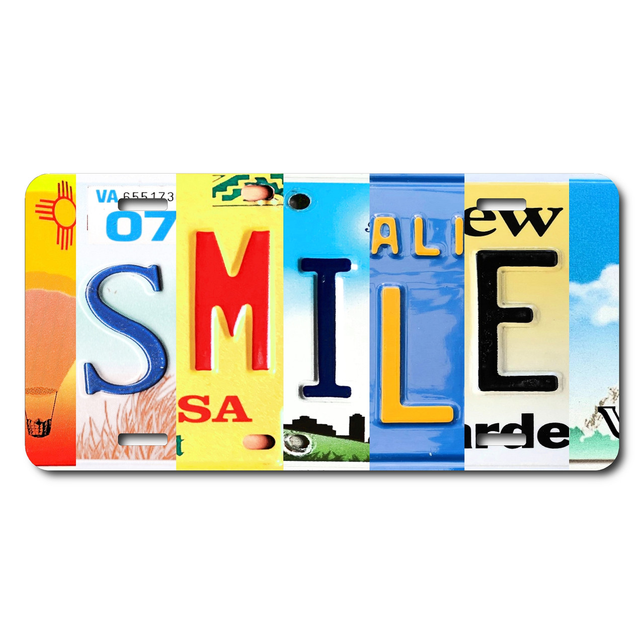 Smile license plate featuring colorful letter-art collage design in rustic embossed-look style on aluminum.