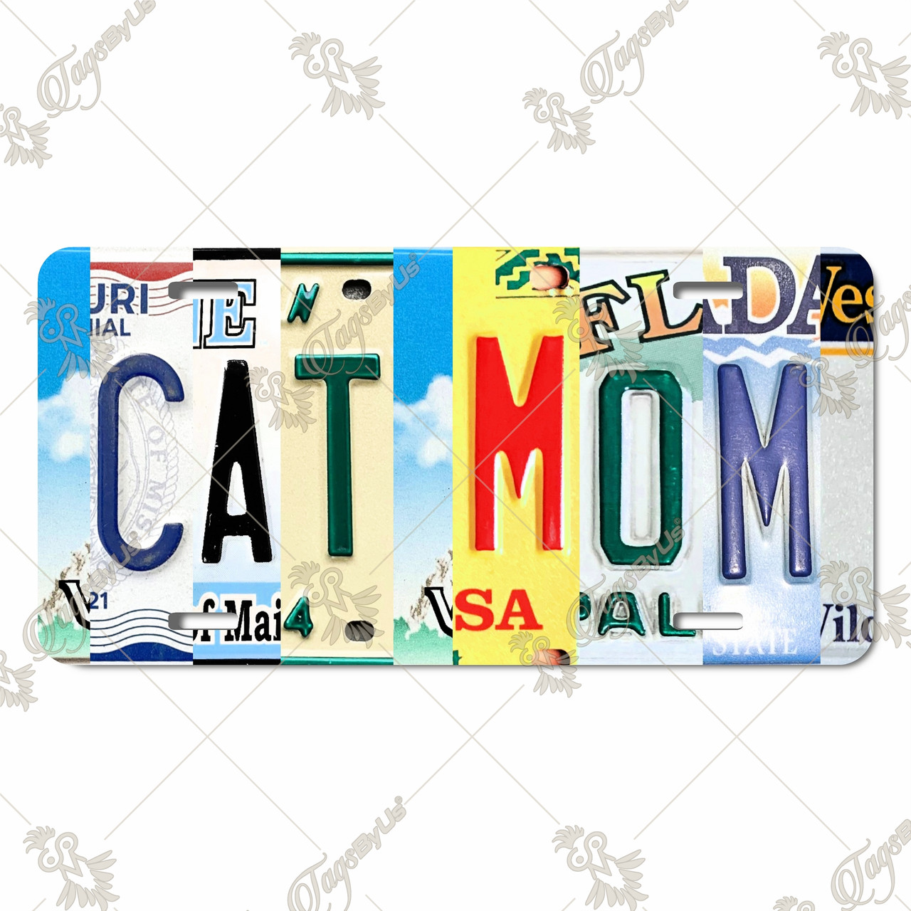 Cat Mom license plate featuring rustic letter-art collage design in colorful tones on aluminum.