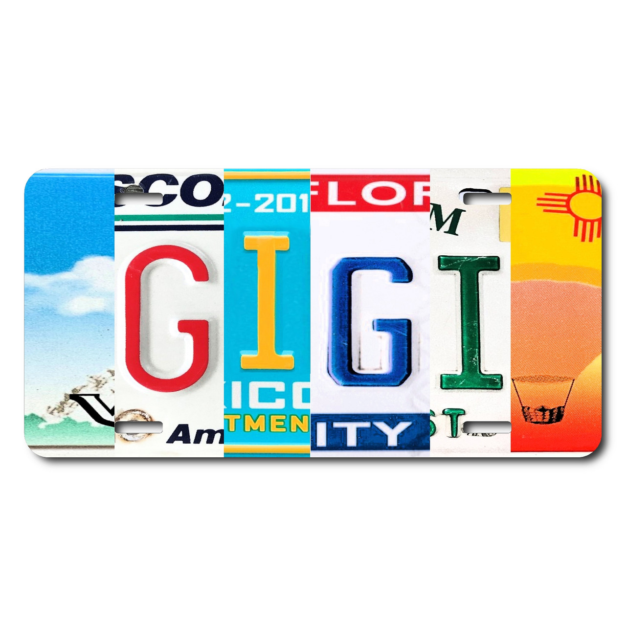 Gigi license plate featuring colorful rustic letter-art collage design on aluminum.