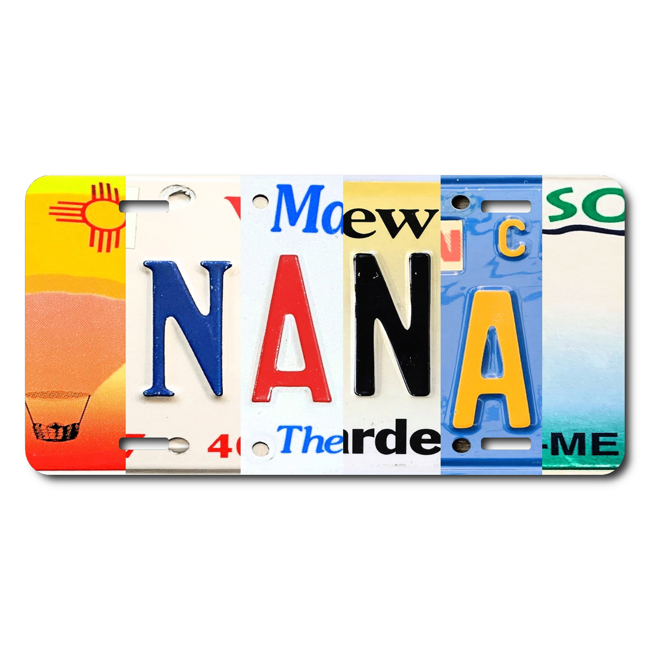 Nana license plate featuring colorful rustic letter-art collage design on aluminum.
