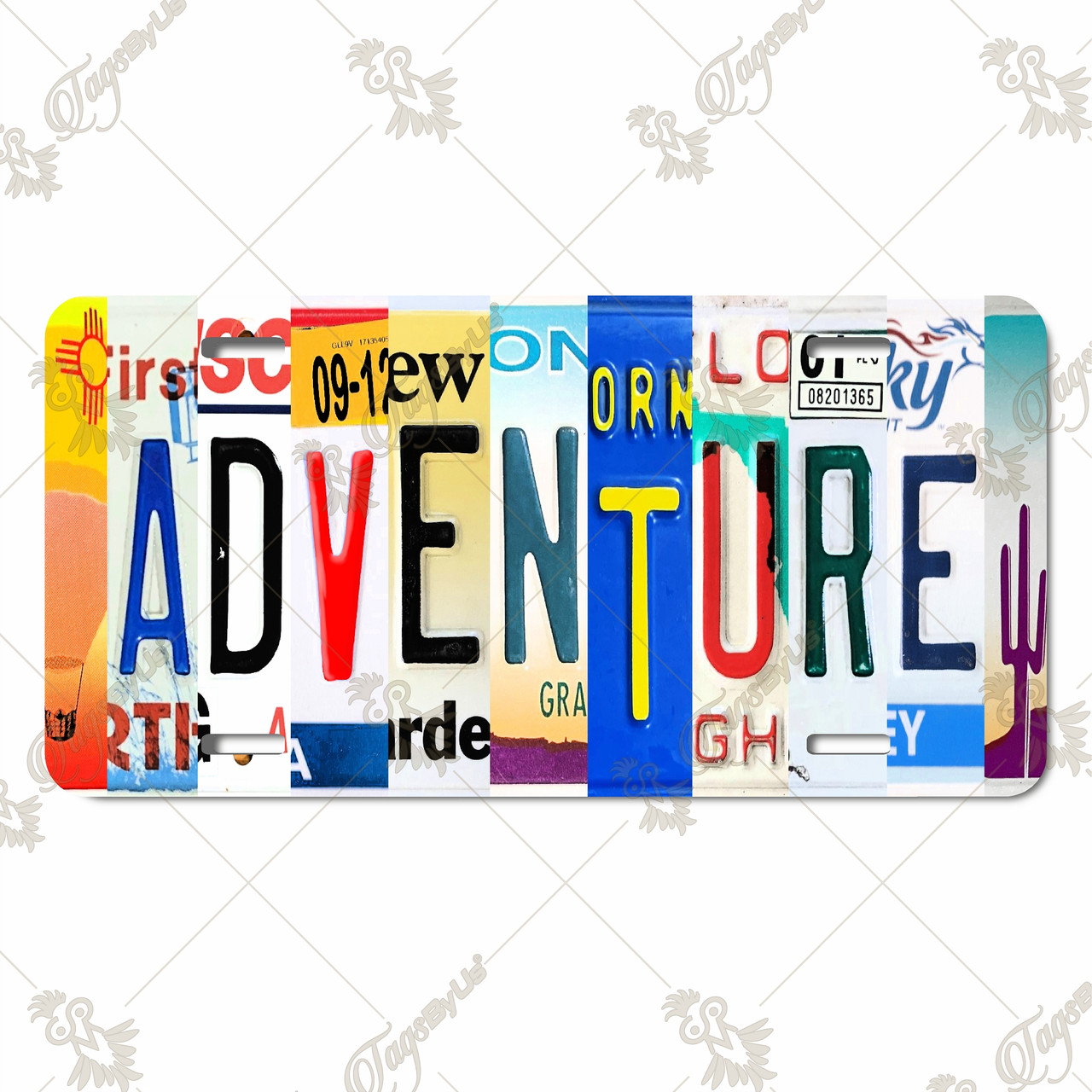 Adventure license plate featuring collage-style state letters in rustic travel design on aluminum.