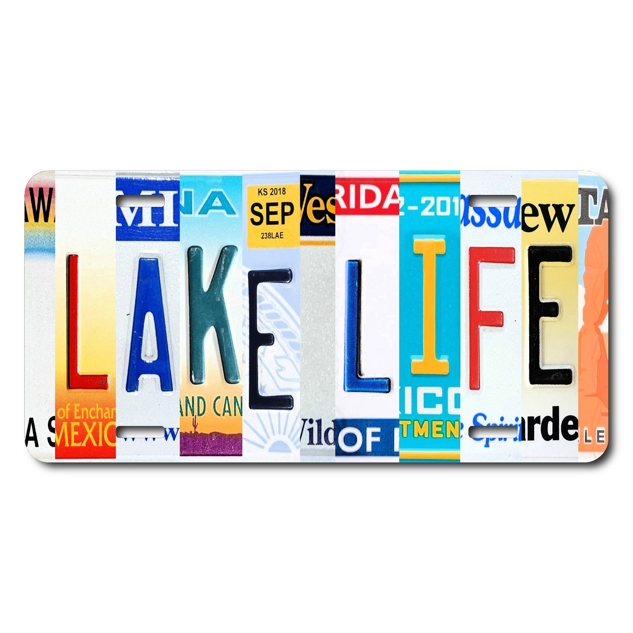 Lake Life license plate featuring collage-style state letters in rustic outdoor design on aluminum.