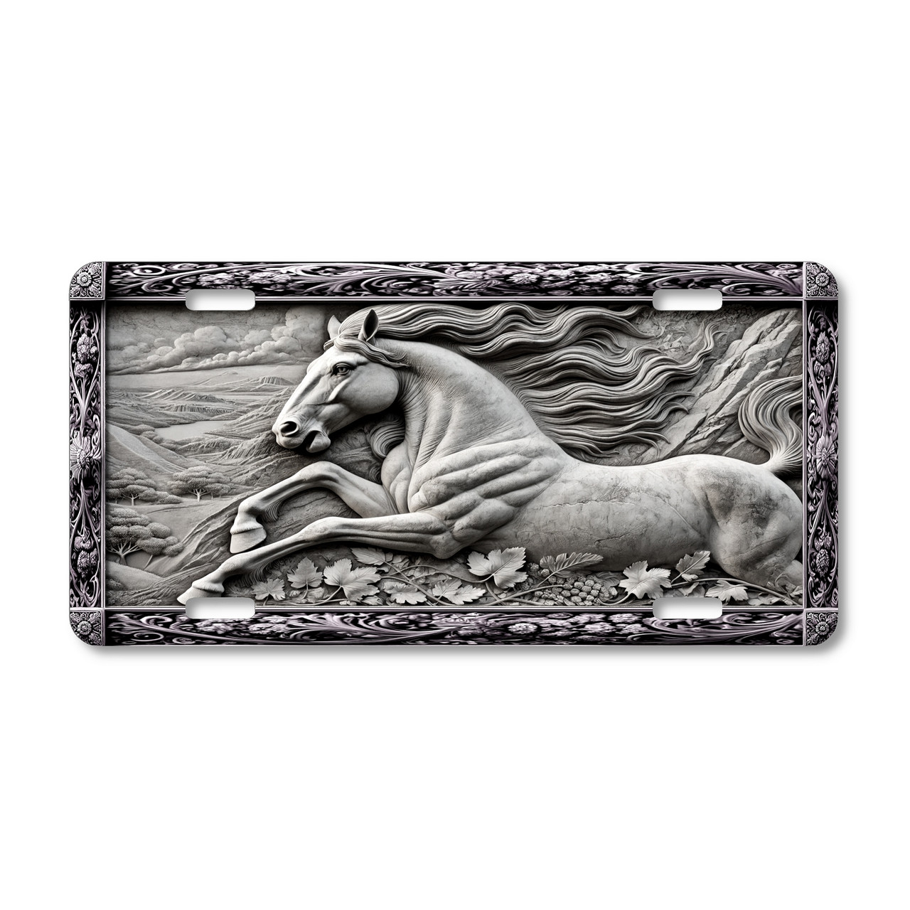 Horse license plate featuring a stone-carved running stallion with flowing mane in rustic embossed-look grayscale artwork on aluminum.