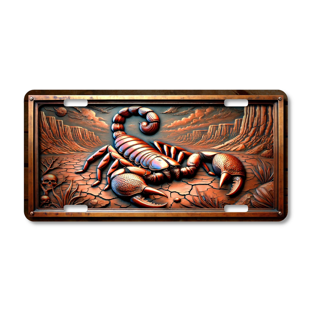Scorpion license plate featuring rustic desert canyon artwork with bronze and copper tones, cracked ground, and stormy sky in embossed-look style on aluminum.