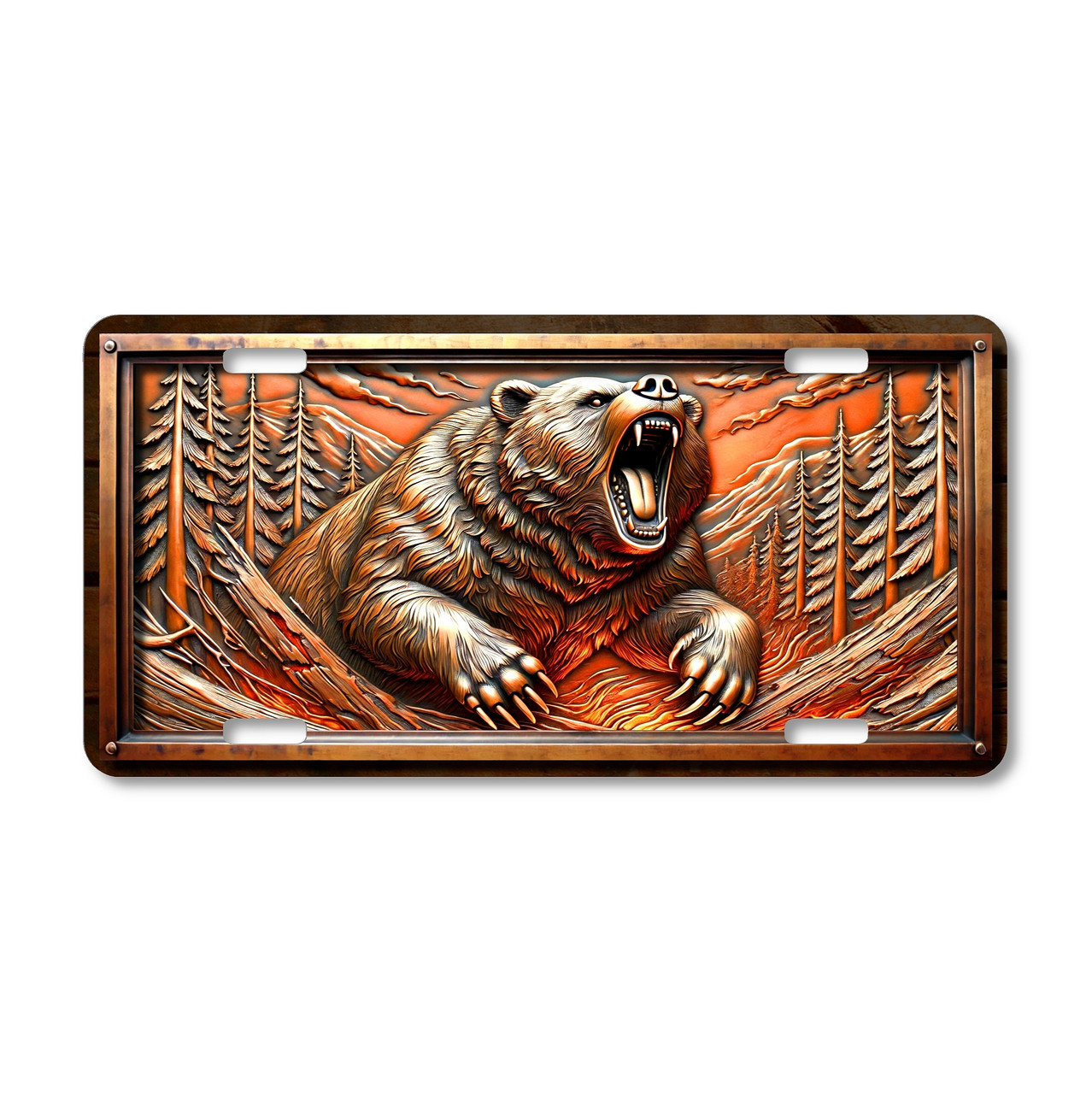 Roaring Grizzly Bear license plate featuring rustic bronze wilderness forest scene with pine trees and rugged mountain ridges.