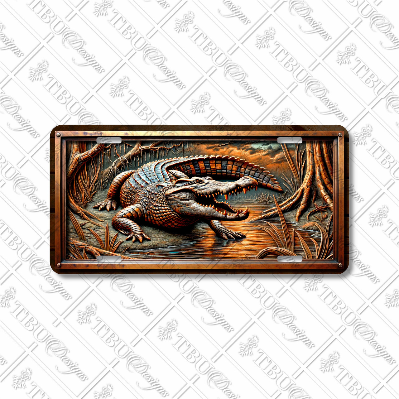 Crocodile license plate featuring rustic swamp scene with fierce reptile in embossed-look design on aluminum.