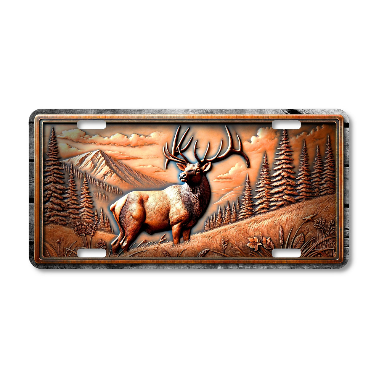 Elk license plate featuring rustic mountain meadow scene with proud elk and pine trees in embossed-look artwork on aluminum.