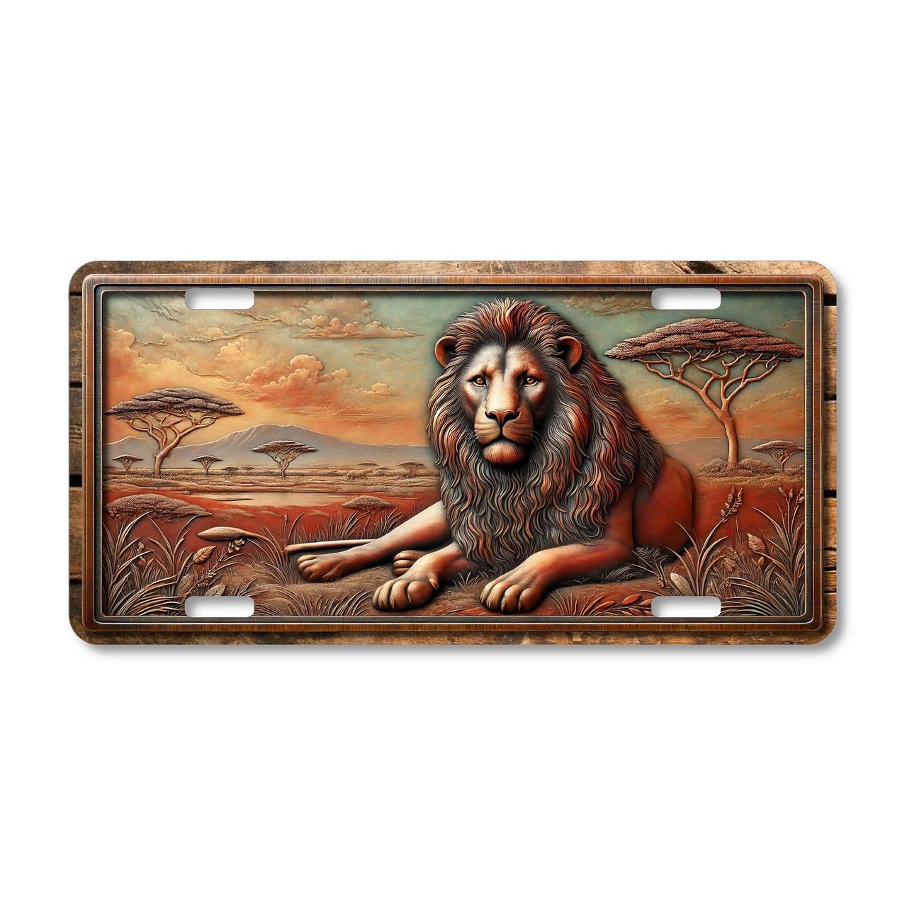 Lion license plate featuring rustic African savanna scene with acacia trees and majestic lion in embossed-look artwork on aluminum.
