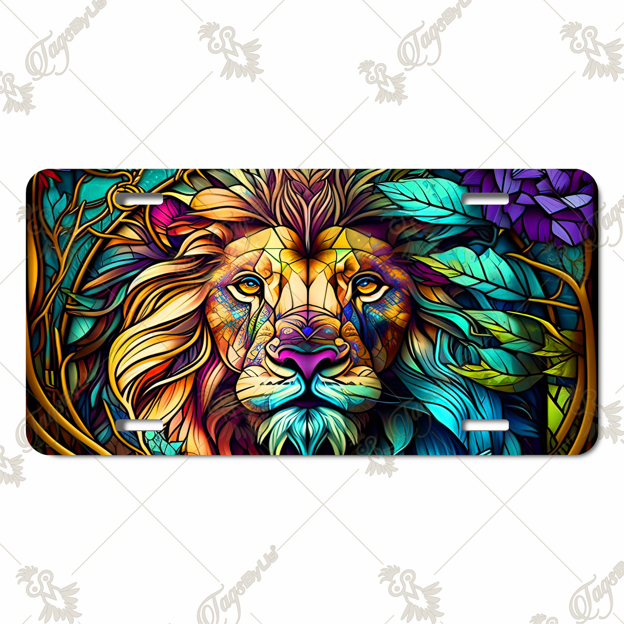 Lion head license plate featuring stained-glass style artwork in bold, vibrant colors on aluminum.