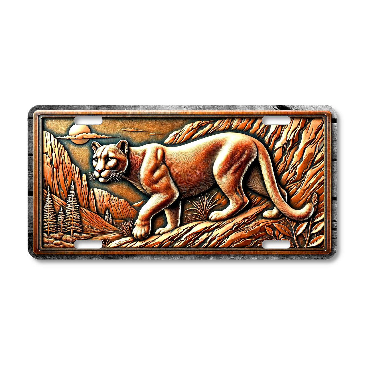 Mountain lion license plate featuring rustic rocky wilderness scene with prowling cougar in embossed-look artwork on aluminum.