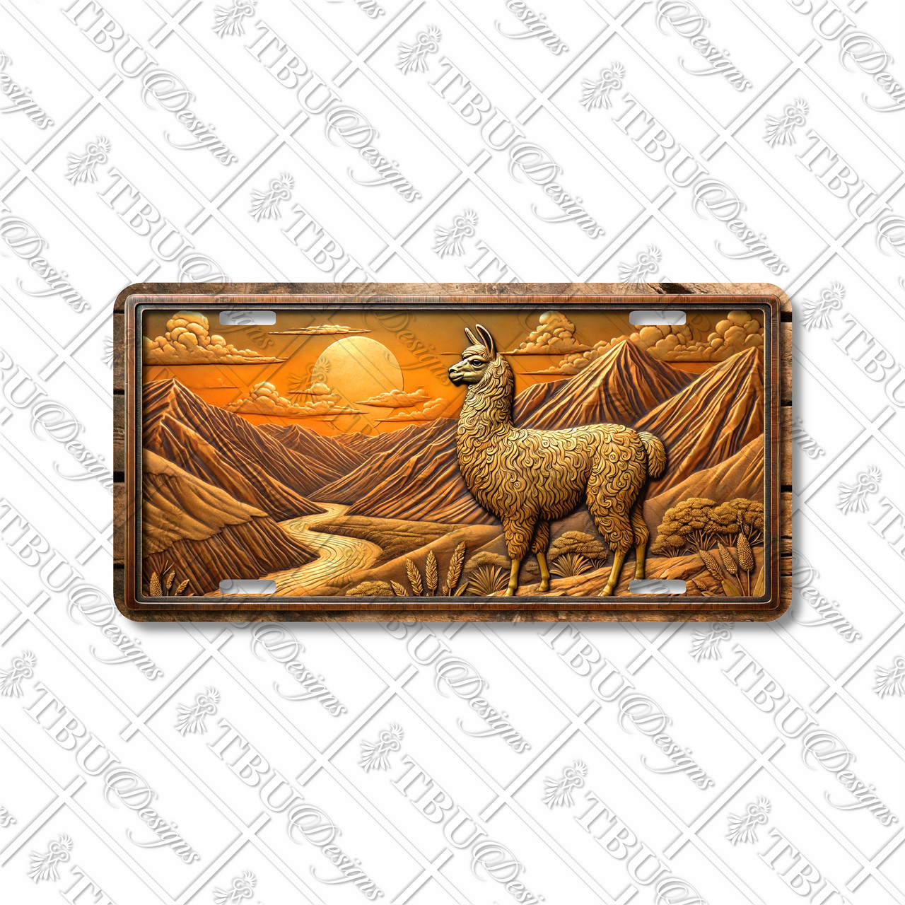 Llama license plate featuring a golden-metal carved mountain scene with rustic embossed-look artwork on aluminum.