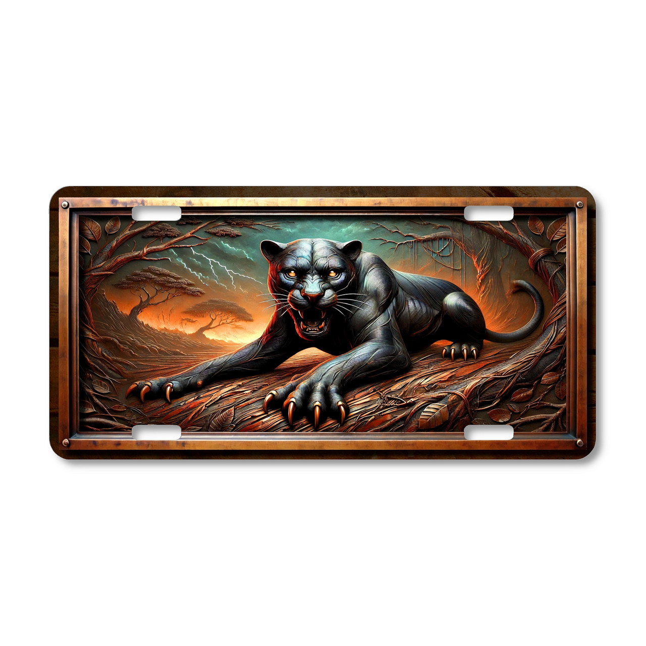 Panther license plate featuring a stormy dark forest scene with crouching panther in bronze and black embossed-look artwork on aluminum.