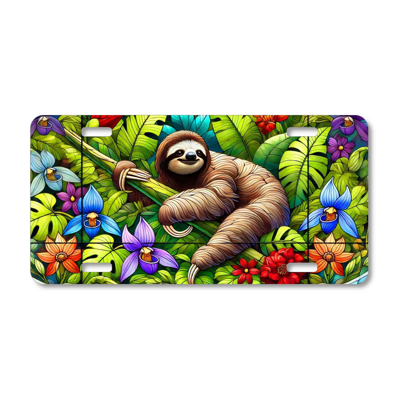 Sloth license plate featuring a colorful tropical jungle with orchids, lush leaves, and embossed-look artwork on aluminum.