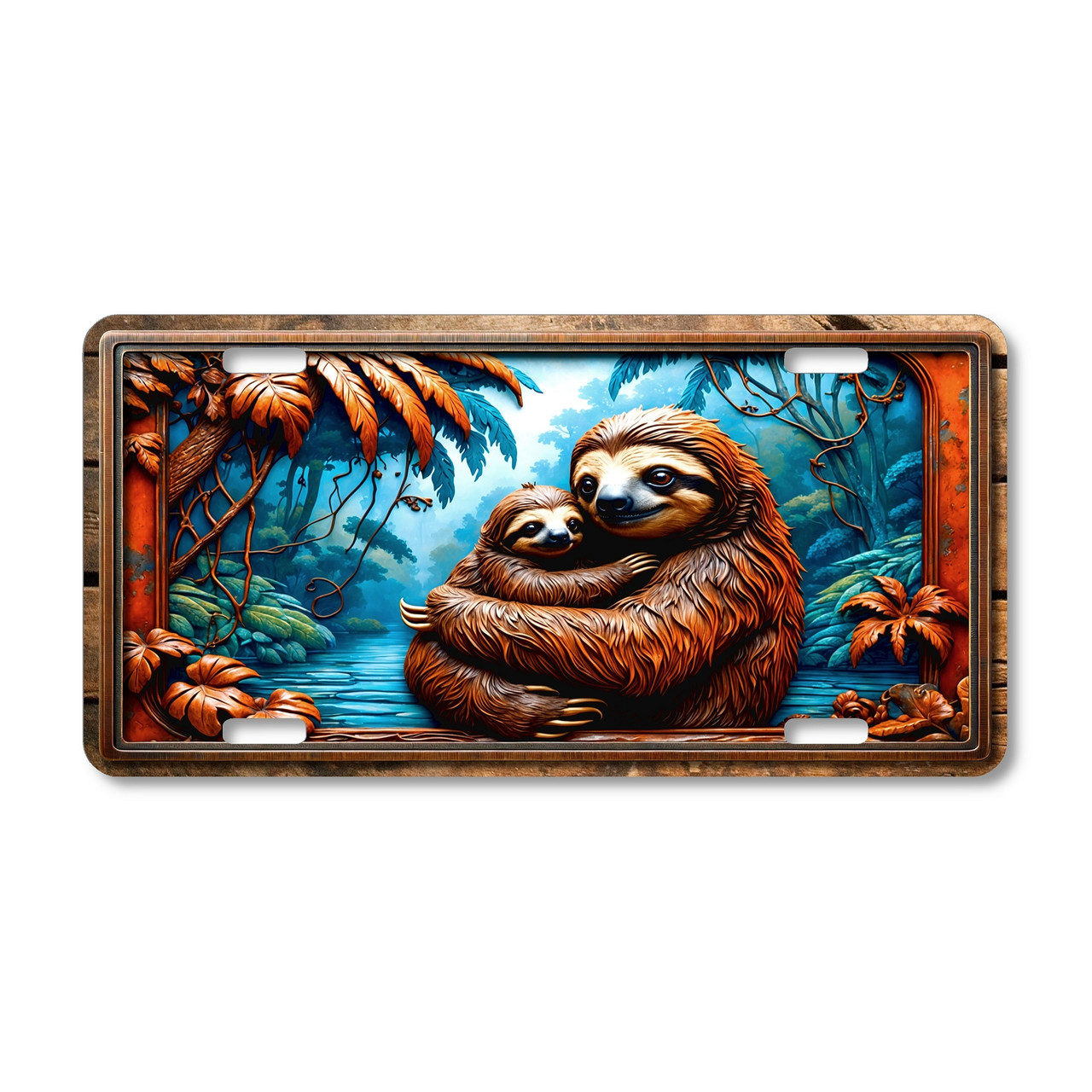 Sloth license plate featuring a mother and baby sloth by a tranquil river with autumn foliage in embossed-look artwork on aluminum.